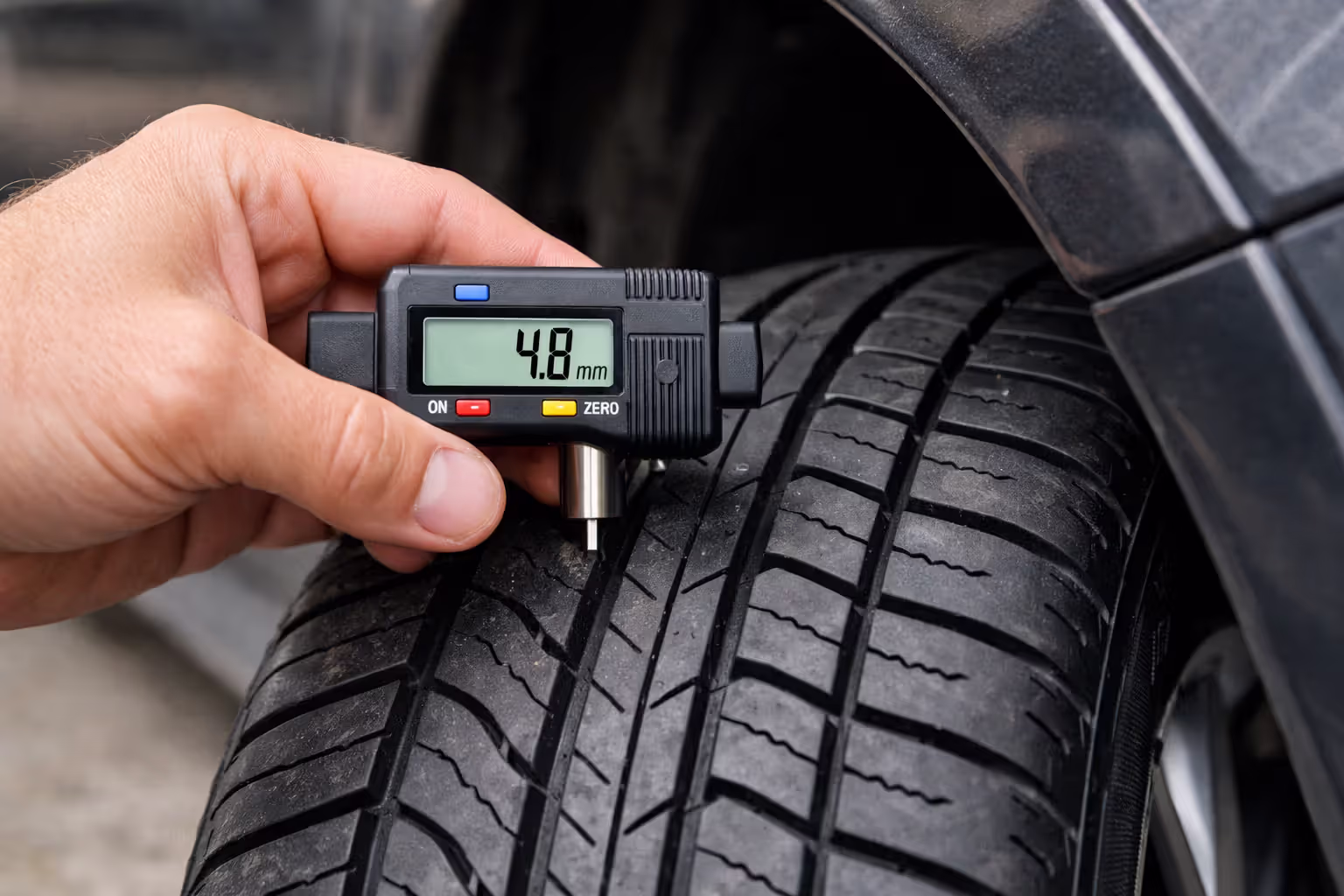 Close-up of a hand using a digital tread depth gauge to measure tire tread depth on a car tire