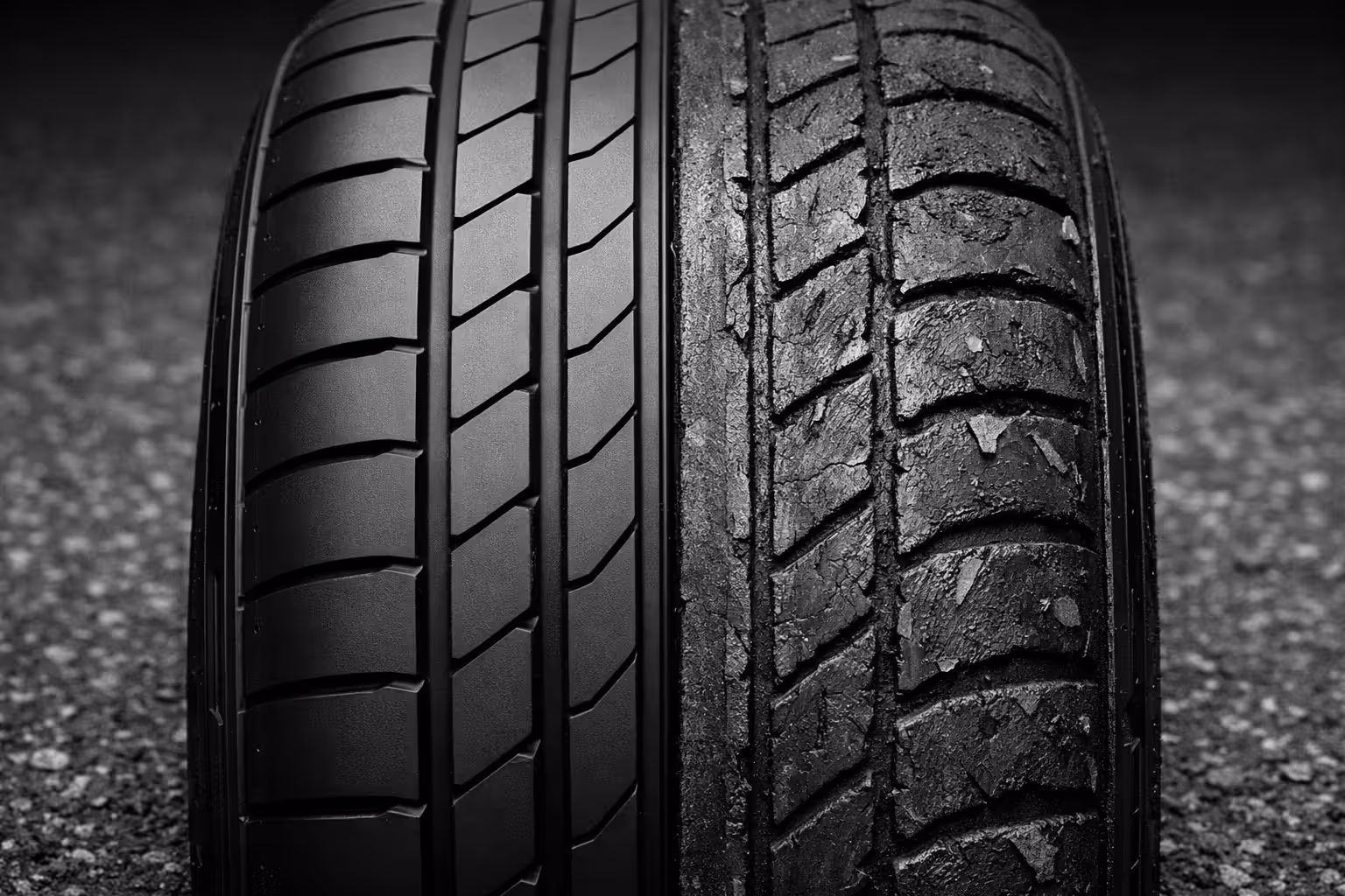 Close-up split comparison of evenly worn tire tread versus unevenly worn tire from aggressive cornering and lane changes
