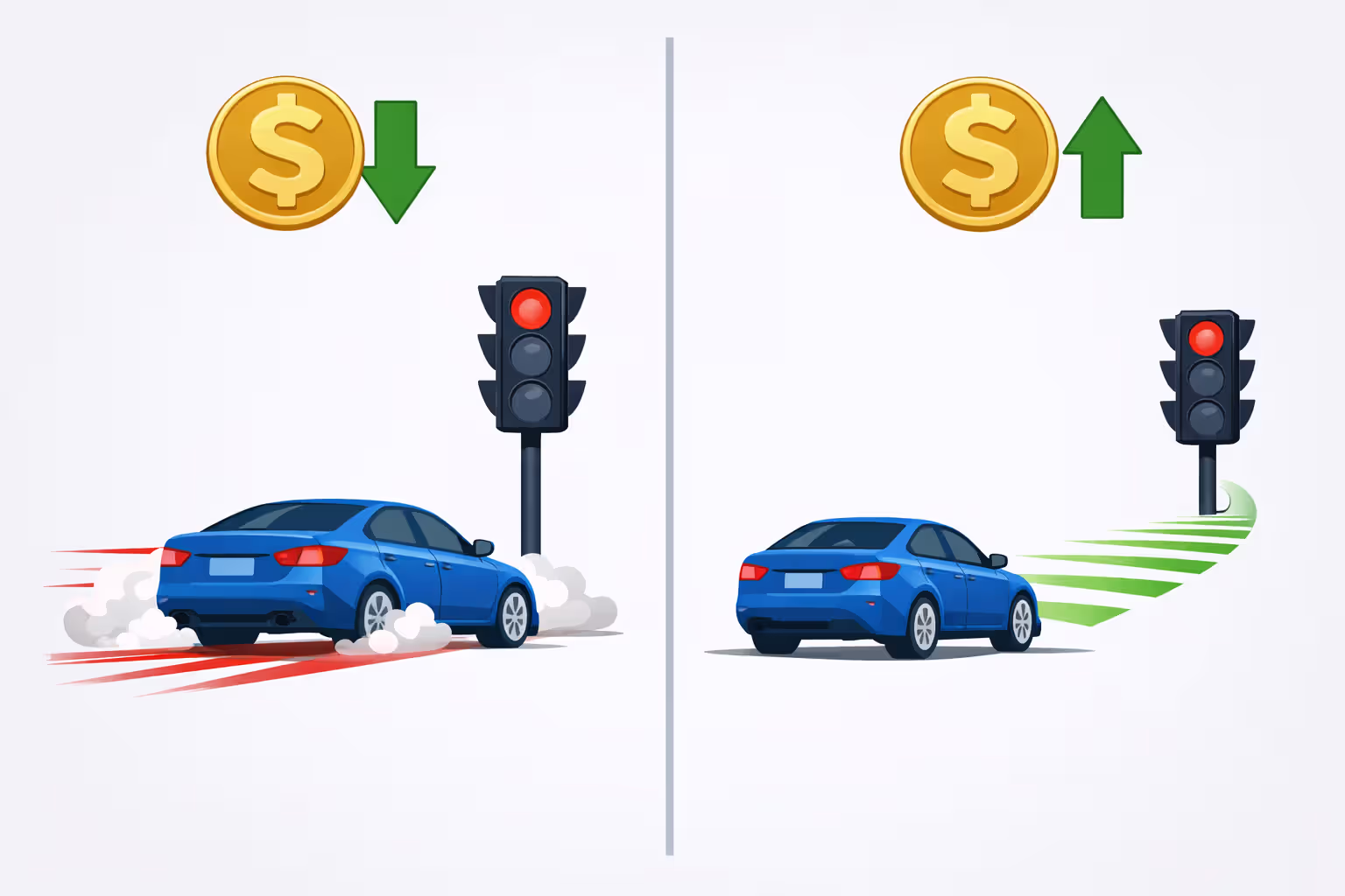 Comparison infographic of aggressive braking versus smooth coasting approach to red traffic light with cost impact indicators