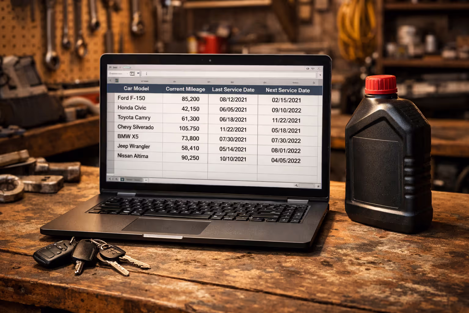 Laptop in garage showing vehicle maintenance tracking spreadsheet with car keys and motor oil bottle nearby