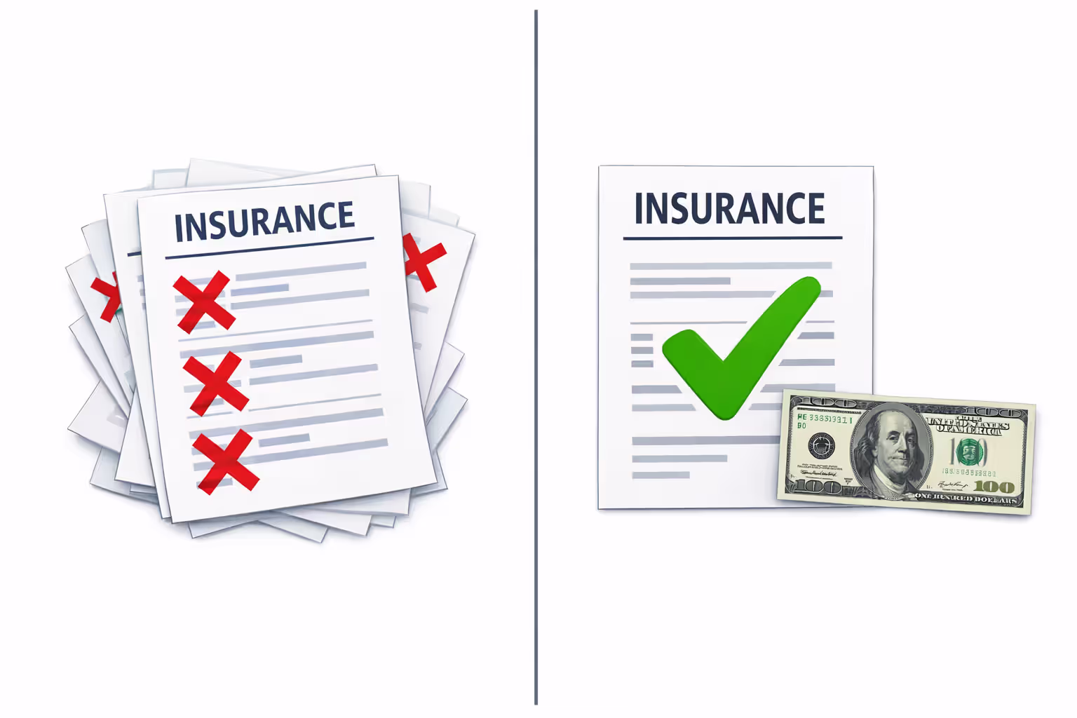 Split image comparing stack of multiple insurance policies with red crosses versus single bundled policy with green checkmark and dollar savings