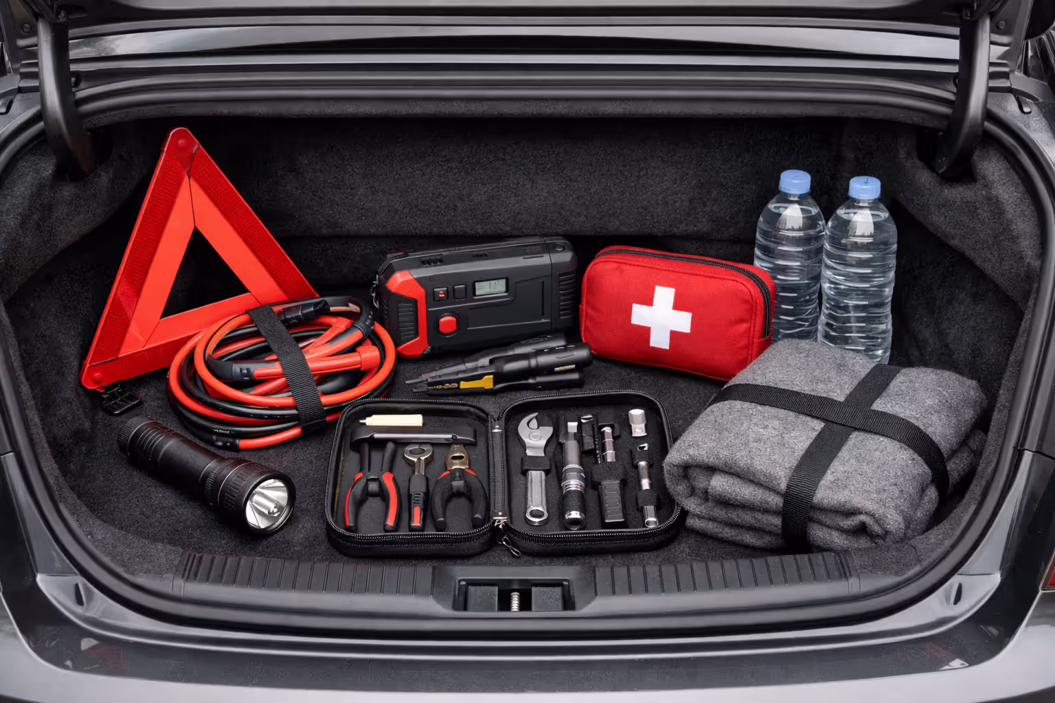 Organized car trunk with emergency kit including warning triangle jump starter cables flashlight first aid kit water bottles tools and blanket
