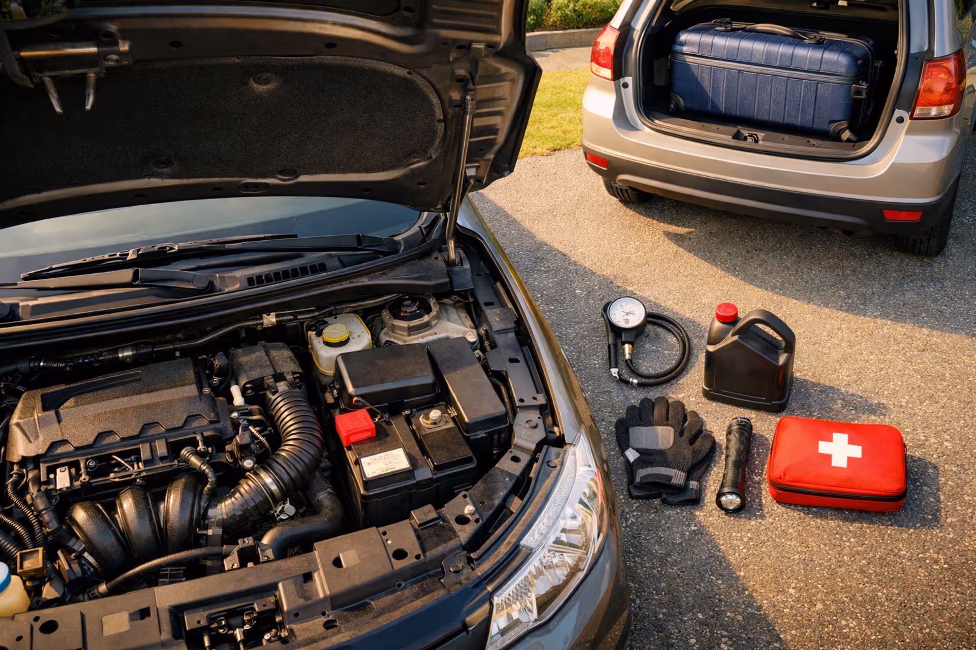 Car with open hood parked in driveway with tire gauge oil canister flashlight and first aid kit laid out on ground before a family road trip