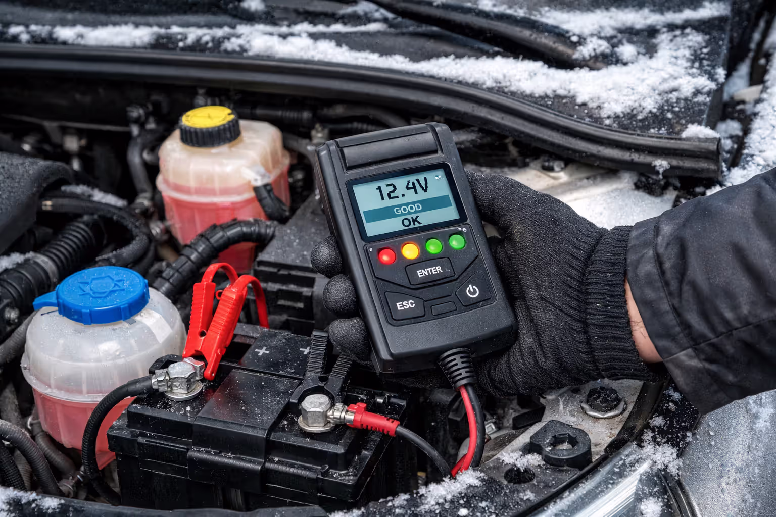 Mechanic testing a car battery with a load tester under the hood during winter with snow visible on the vehicle