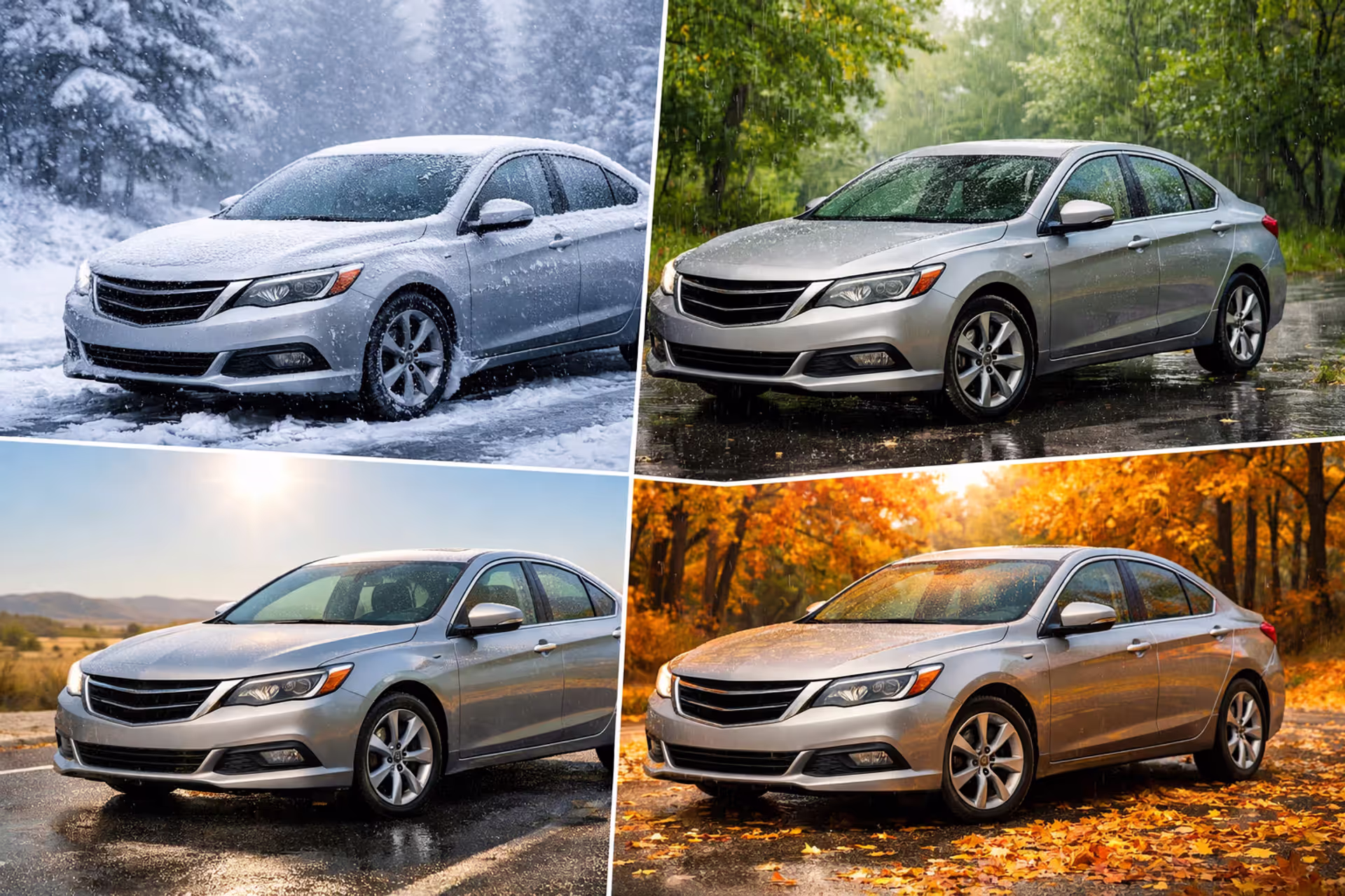 A car shown across four seasons — winter snow, spring rain, summer heat, and autumn leaves — representing year-round seasonal vehicle maintenance