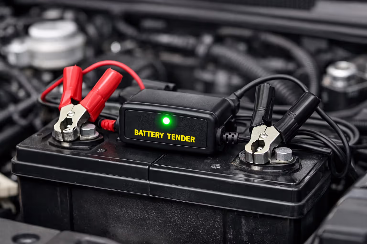 Close-up of a car battery connected to a smart battery tender with red and black clamp cables and a green LED indicator light in an engine bay