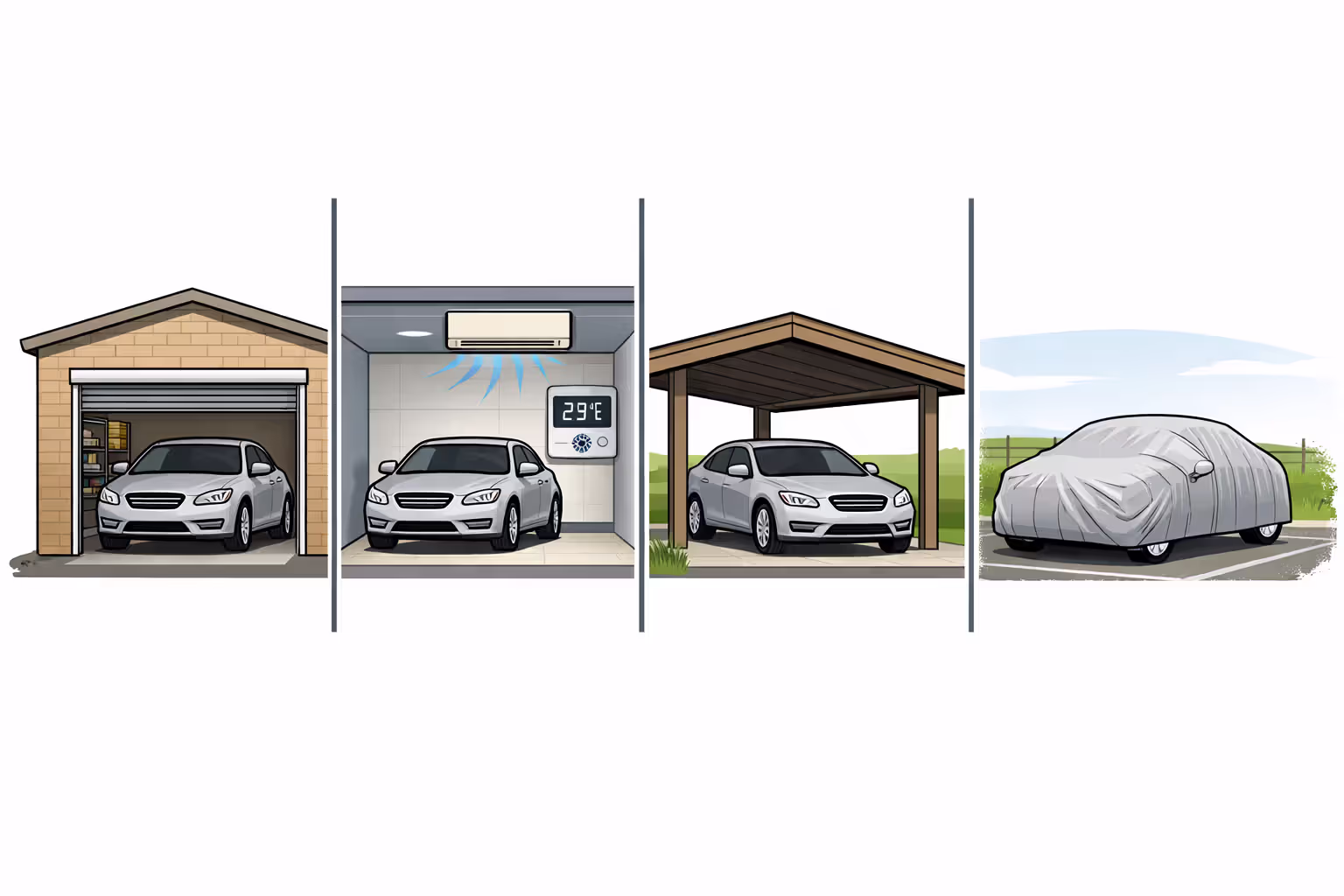Side-by-side comparison of four car storage options: home garage, climate-controlled facility, carport, and outdoor parking with a fitted car cover