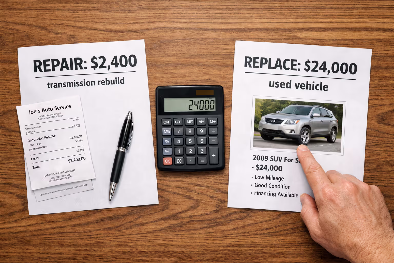 Overhead view of repair versus replace car decision with two cost comparison sheets calculator and pen on desk