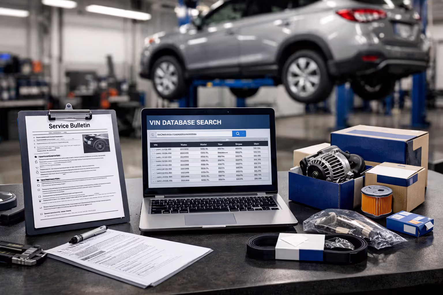 Dealership service center workbench with technical service bulletin, laptop showing VIN database, and new recall replacement parts in factory packaging