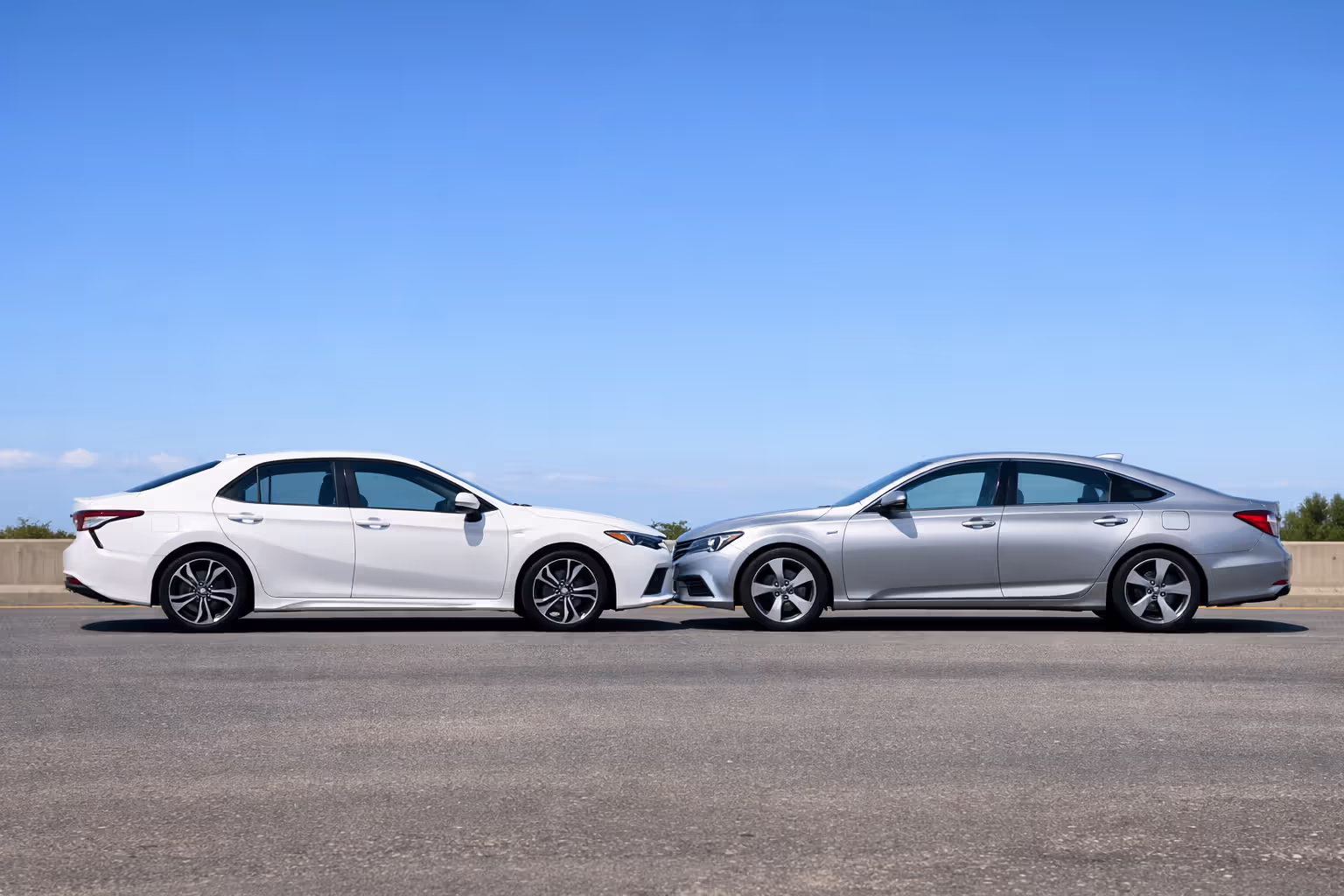 White Toyota Camry and silver Honda Accord parked side by side representing top-rated reliable vehicles