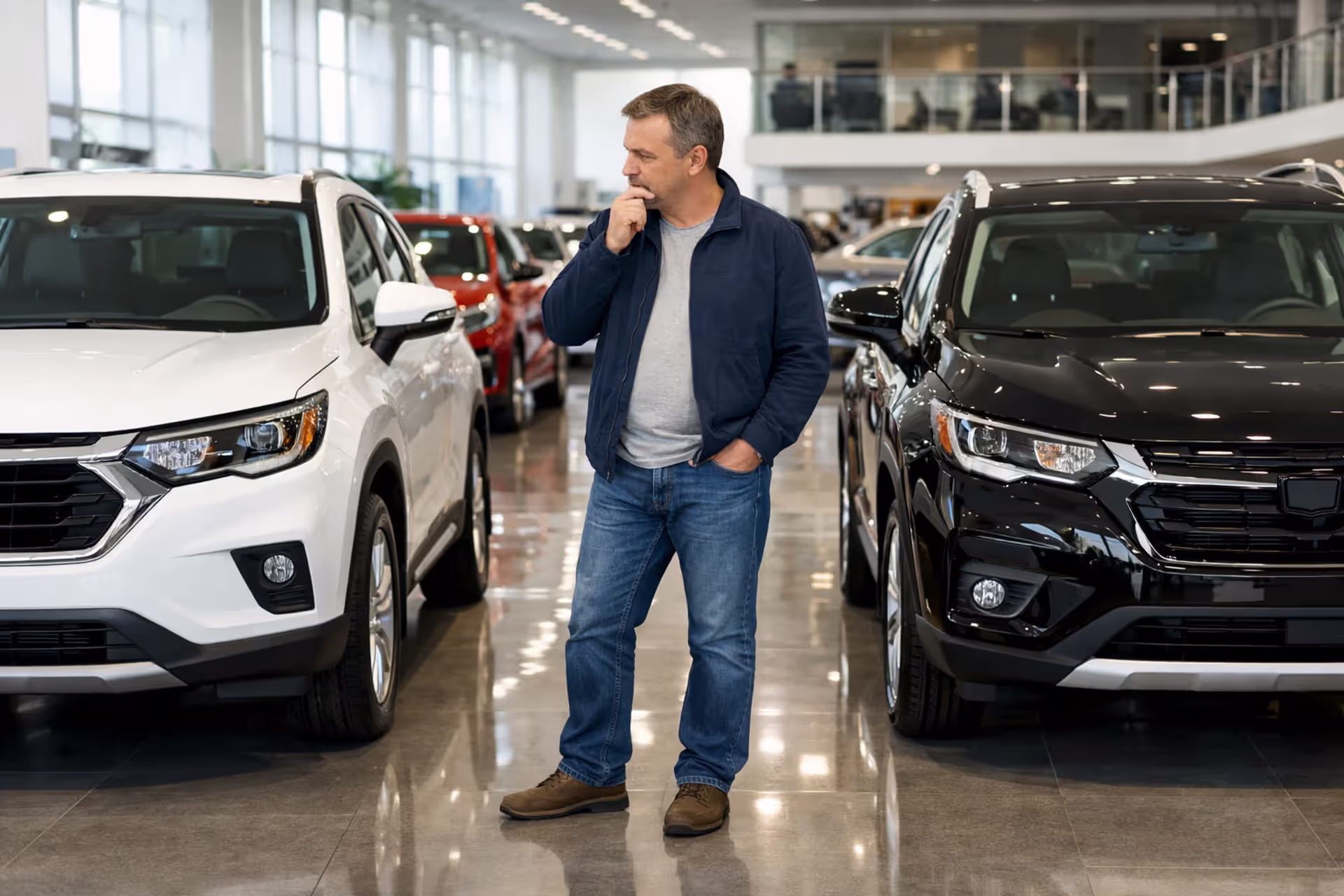 Car buyer comparing two SUVs in a modern dealership showroom while making a purchase decision