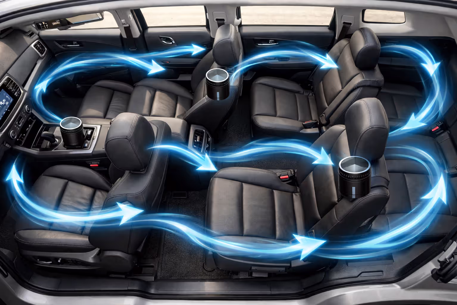 Two portable air purifiers placed in a three-row SUV interior with blue airflow arrows showing clean air circulation throughout the cabin