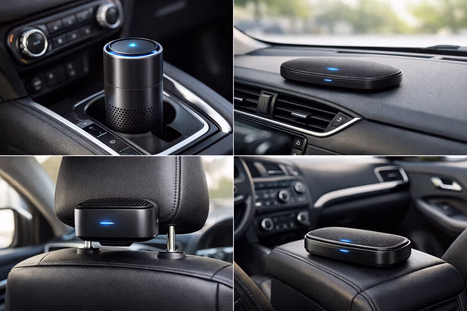 Four placement options for a car air purifier shown in a collage: cup holder, dashboard near vent, headrest mount, and center console between front seats