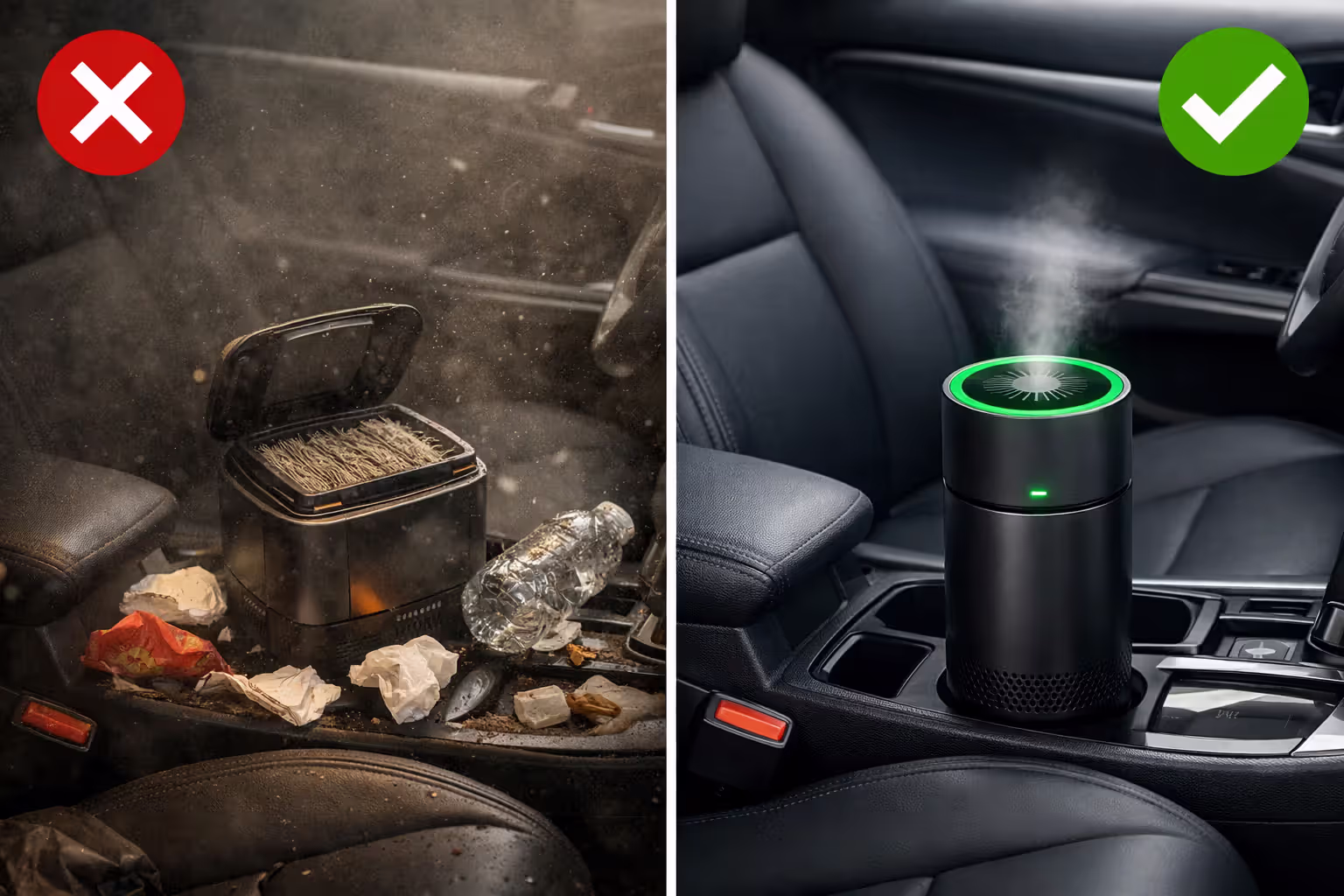 Split-screen comparison of incorrect car air purifier use with clogged filter and blocked unit versus correct use with clean filter and unobstructed placement