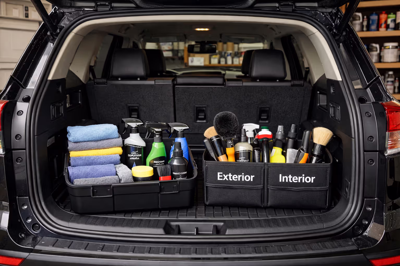 Organized detailing tool caddies in SUV trunk with separate labeled containers for interior and exterior cleaning kits