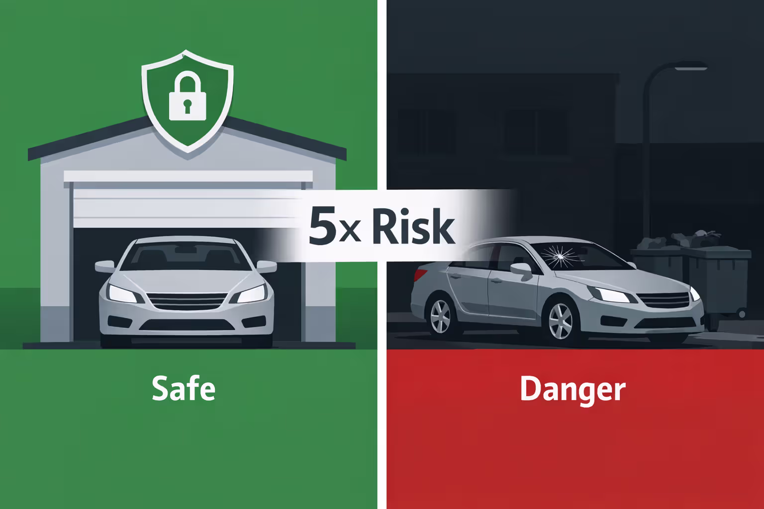 Infographic comparing vehicle theft risk: car safely stored in locked garage versus same car on dark street with 5x higher theft risk