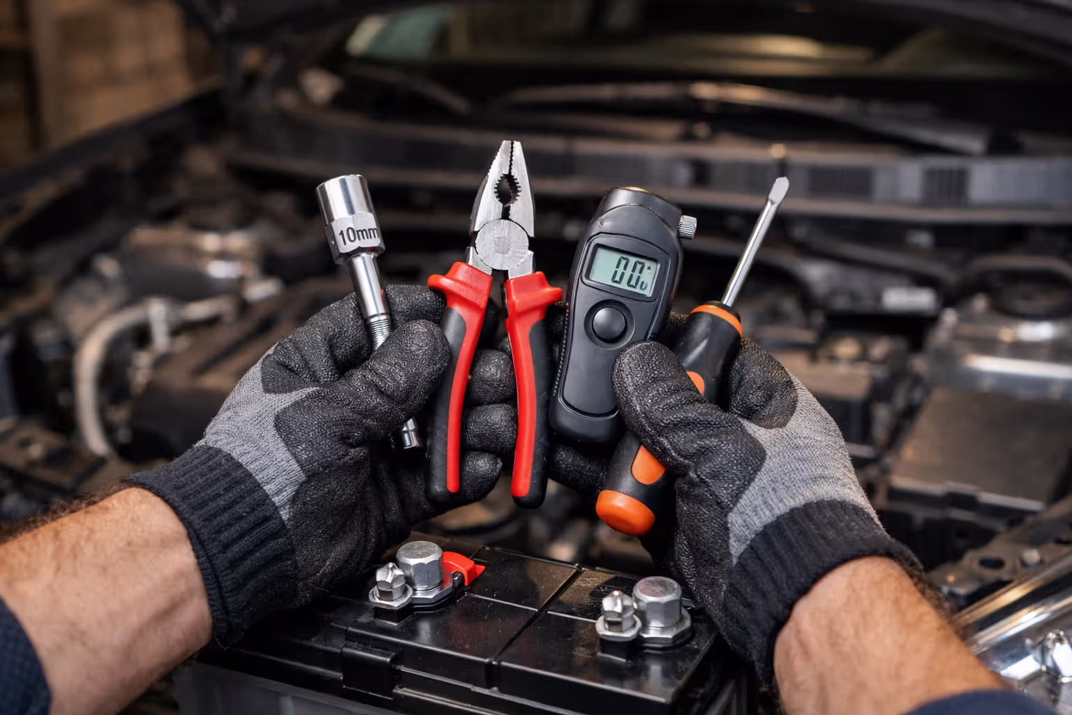 Mechanic hands holding basic car toolkit over engine bay with 10mm socket wrench, screwdriver, pliers, and digital tire gauge next to a clean battery