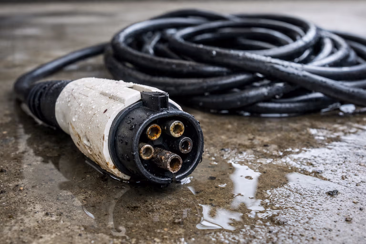 Corroded J1772 charging connector lying in a puddle of water on a garage floor next to a tangled EV charging cable