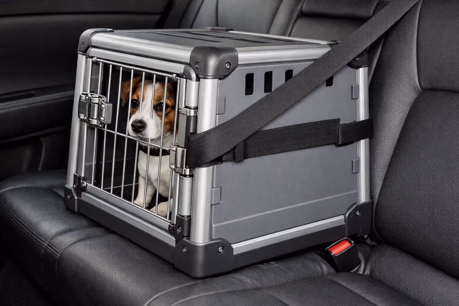 Hard-sided pet carrier with a small dog inside secured by a seatbelt on the rear seat of a car