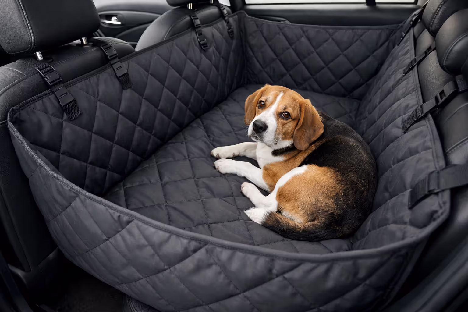 Quilted waterproof hammock-style seat cover installed on the back seat of a car with a dog lying on it
