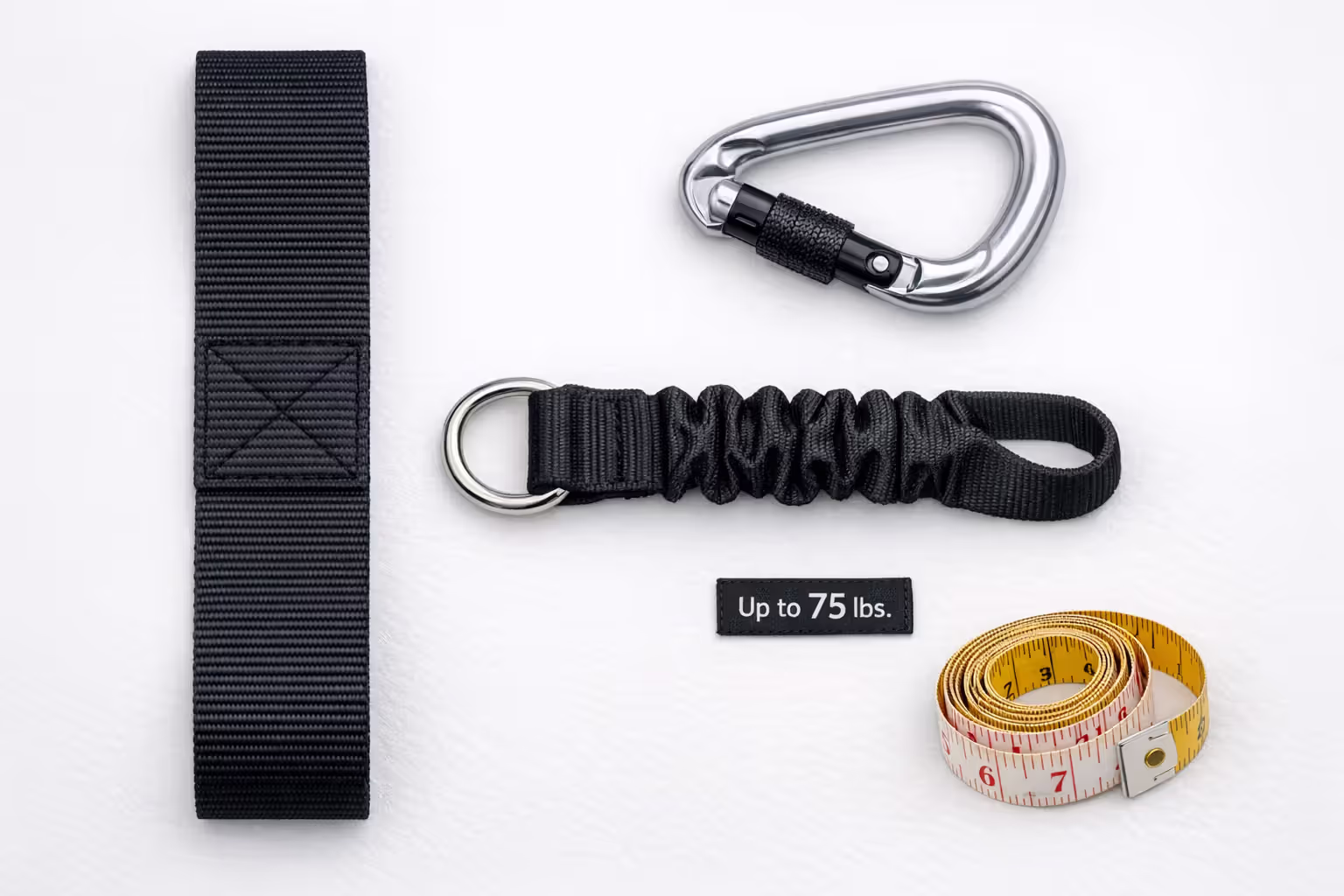 Flat lay of crash-tested dog harness components including wide webbing with bar-tack stitching aluminum hardware tether and measuring tape
