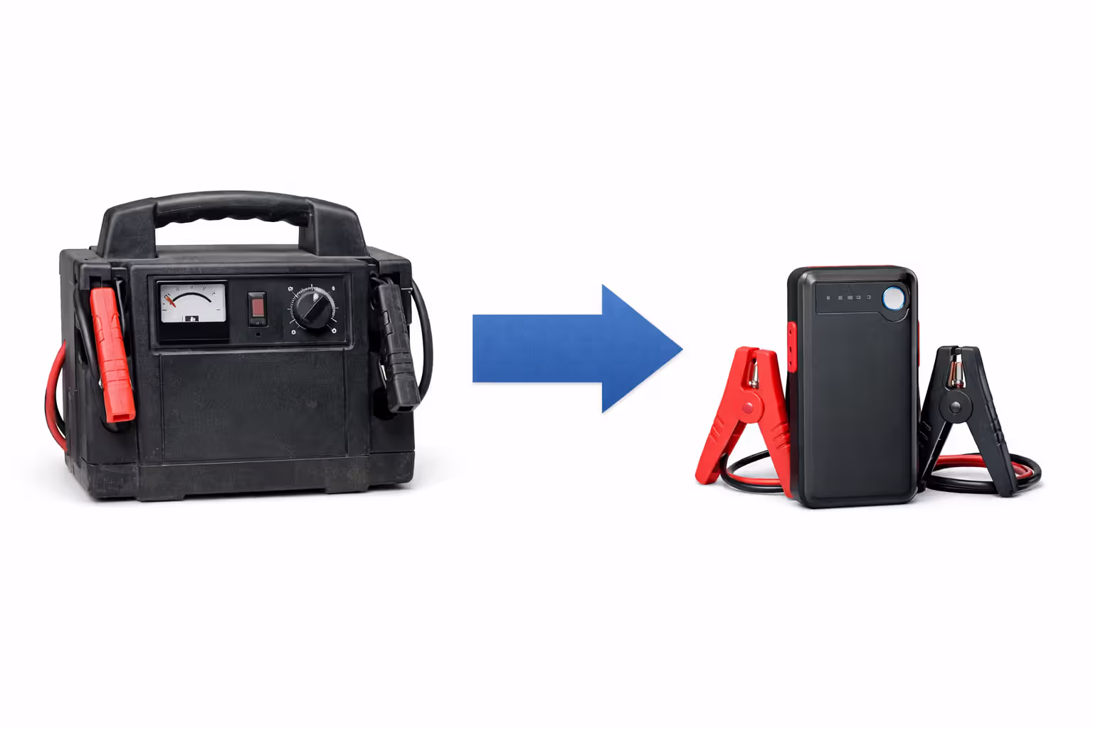 Side-by-side comparison of a bulky lead-acid jump box and a compact modern lithium-ion jump starter