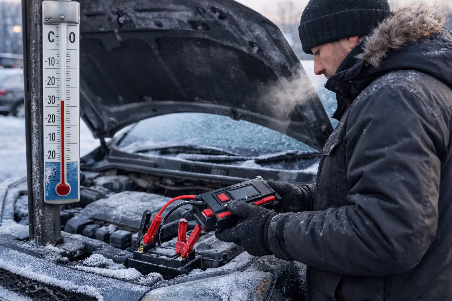 Person using a portable jump starter on a frozen car battery during winter morning