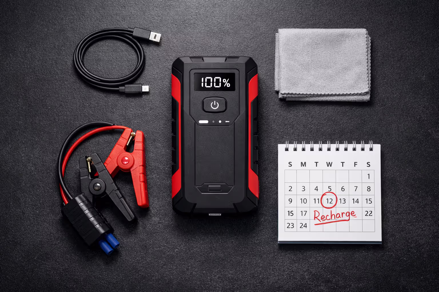 Flat lay of jump starter maintenance essentials including charging cable, cleaning cloth, and recharge reminder