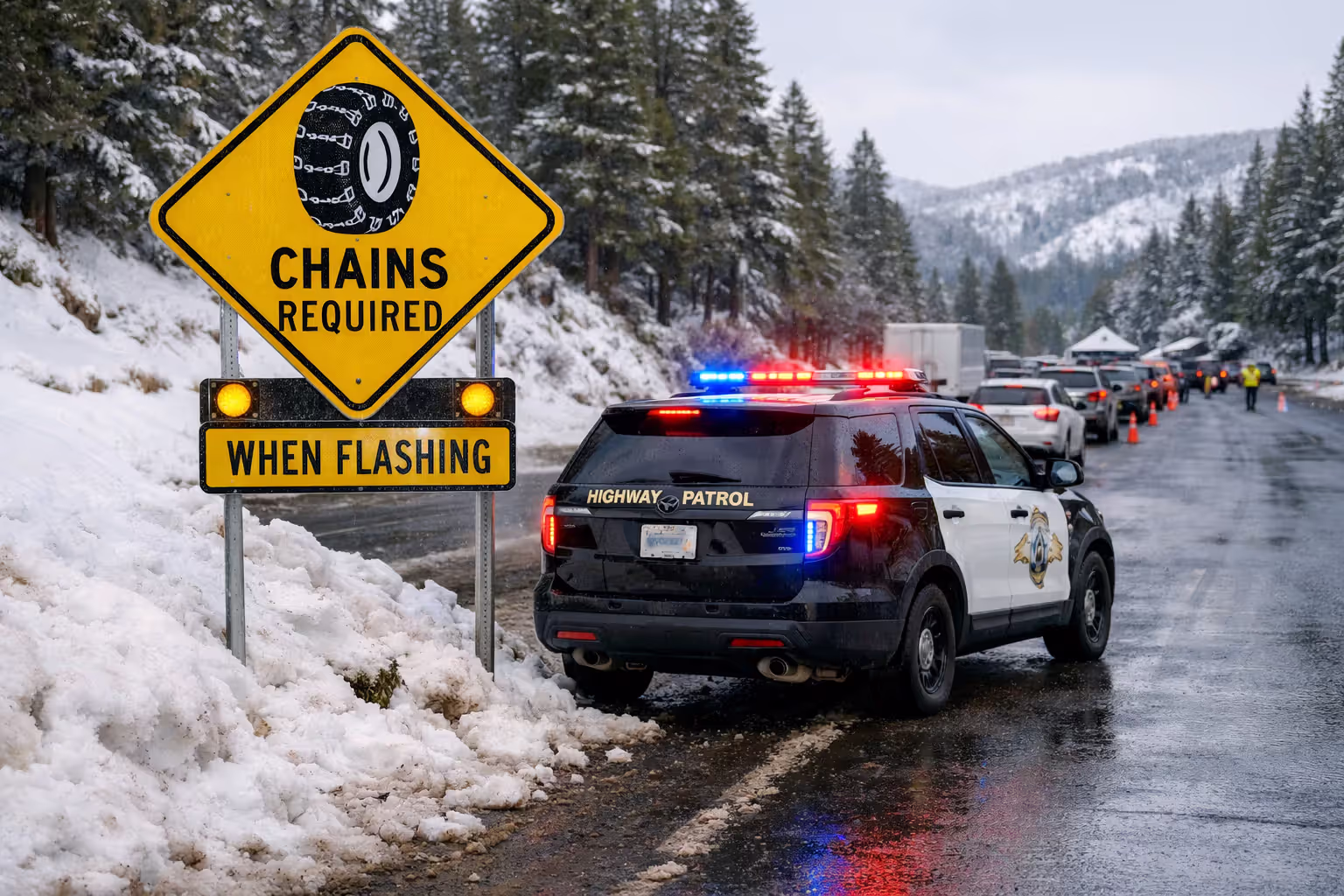 Highway Patrol checkpoint on a snowy mountain highway with Chains Required road sign and line of stopped vehicles