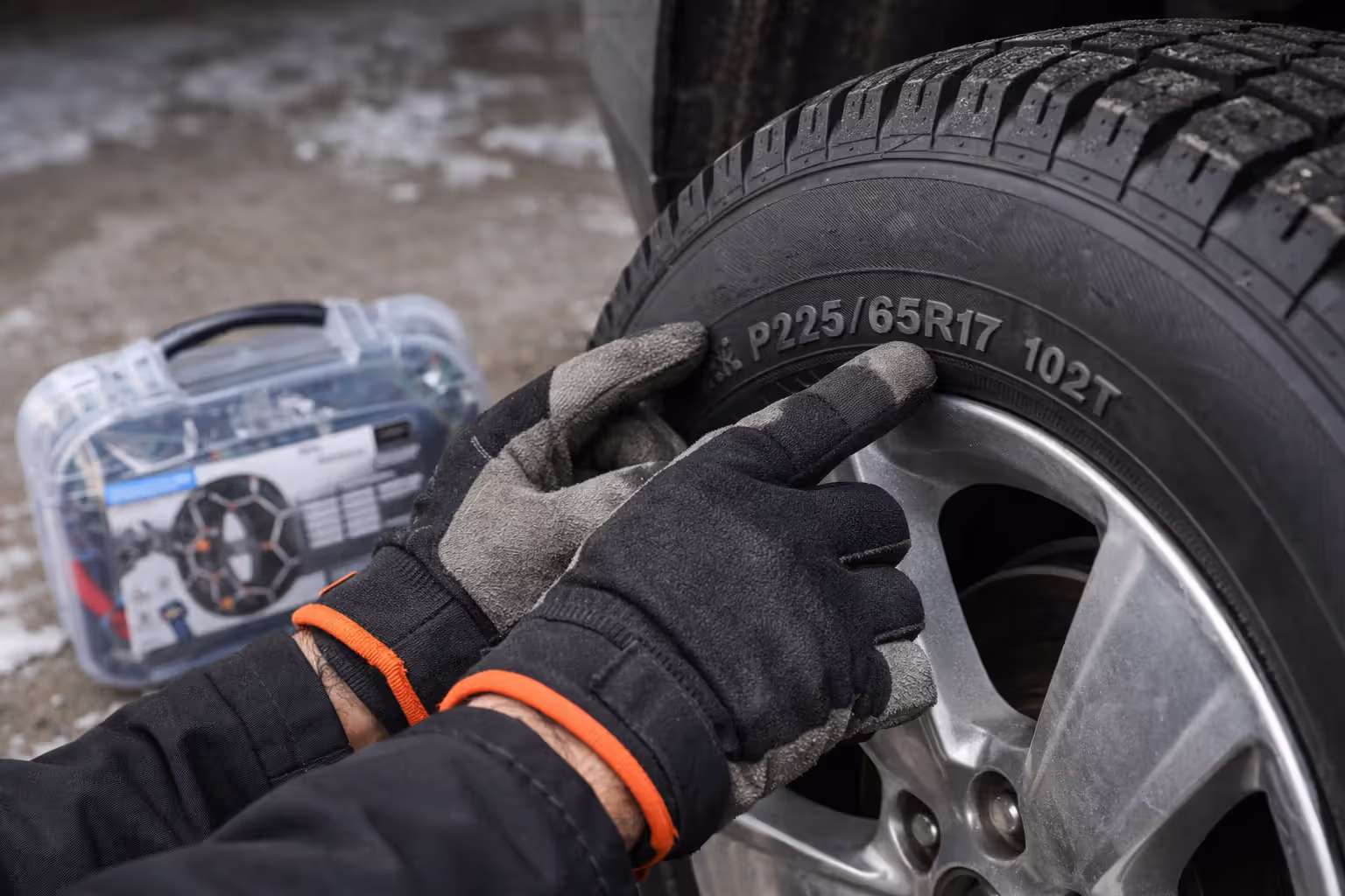 Close-up of gloved hands checking tire size markings on a car tire sidewall with snow chain package nearby