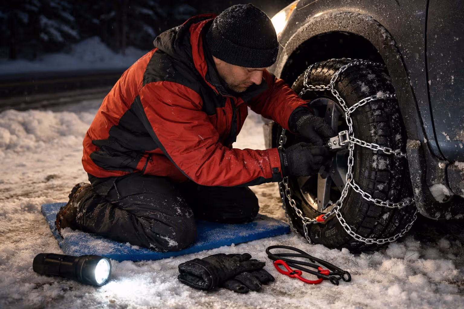 Driver kneeling on pad installing snow chains on front tire at a snowy pullout area at night with flashlight and tools nearby