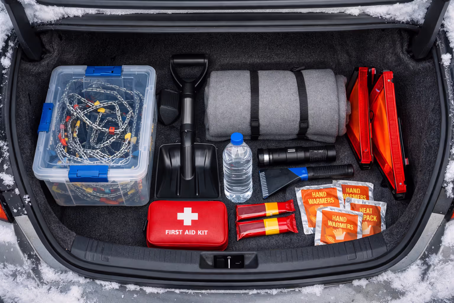 Open car trunk with organized winter emergency kit including snow chains in plastic container, shovel, blanket, flashlight, first aid kit, and hand warmers