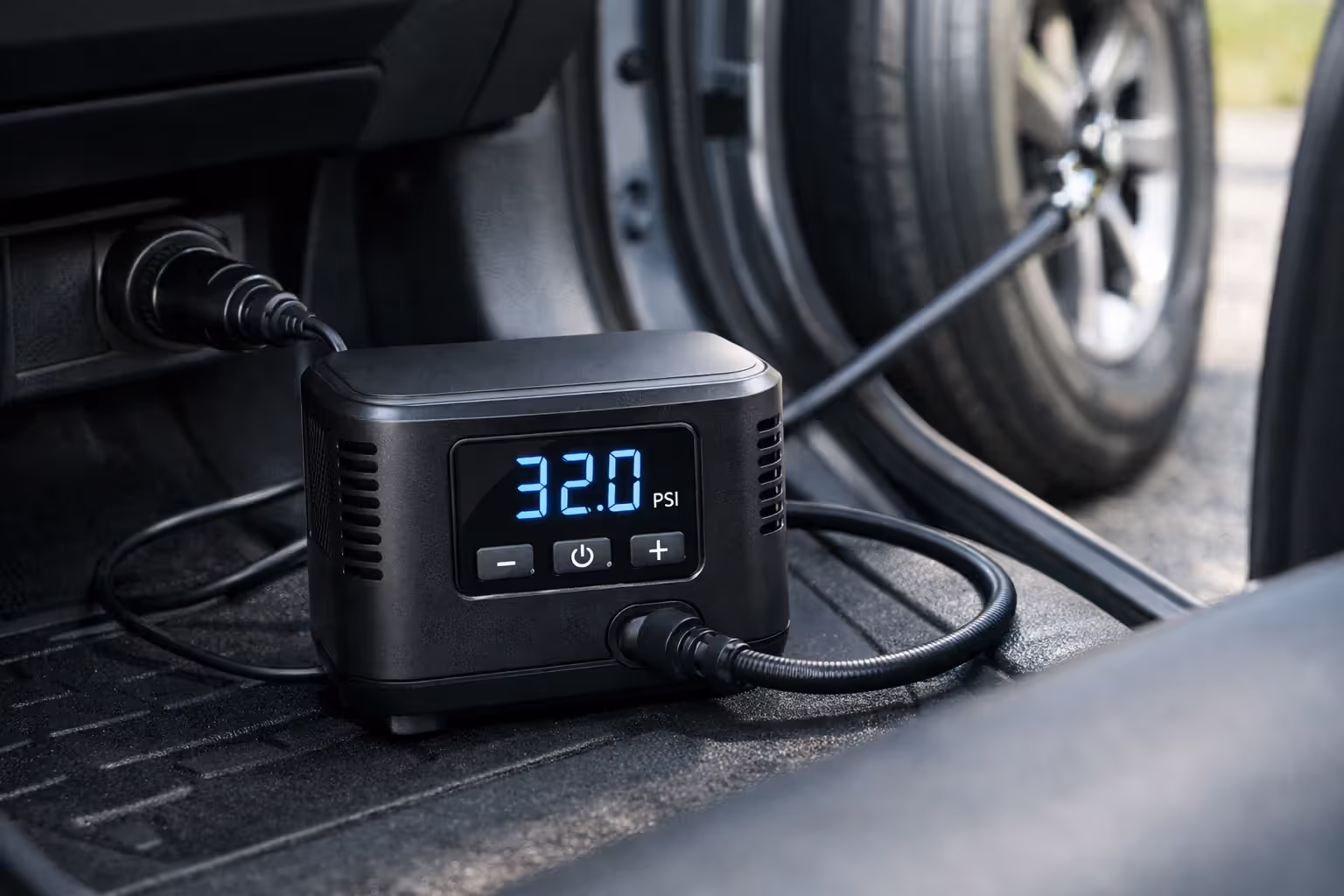 12V tire inflator plugged into a car cigarette lighter socket with hose connected to front tire
