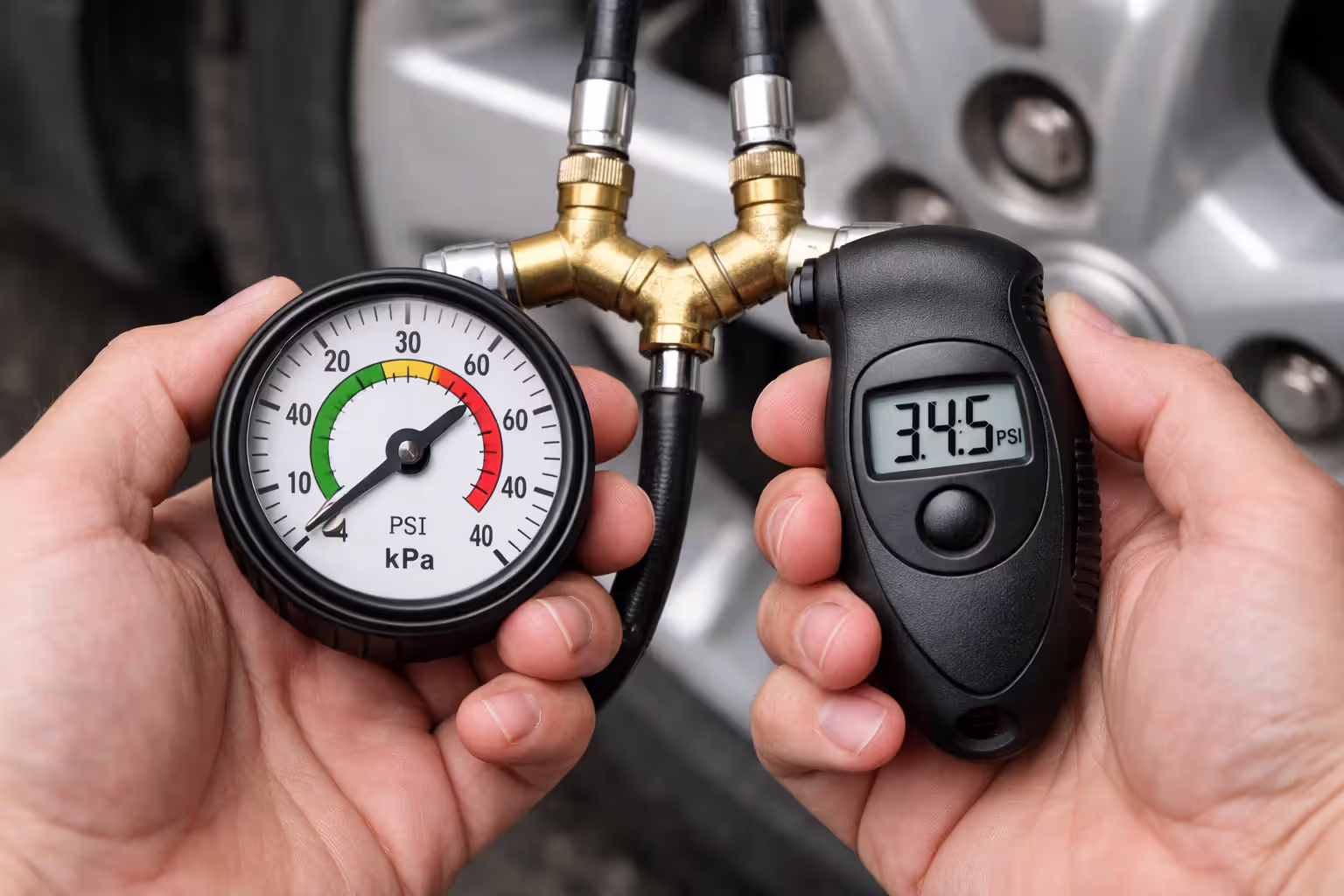 Analog and digital tire pressure gauges compared side by side on the same tire valve showing different readings