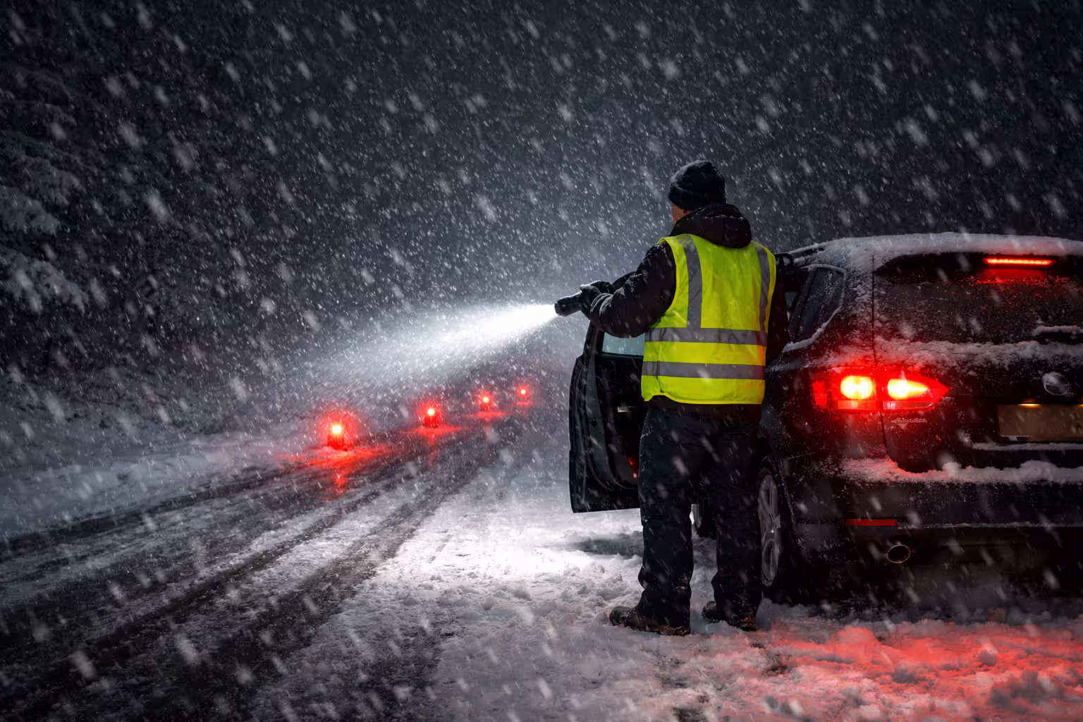 Car stopped on dark snowy road at night with LED road flares and driver wearing high-visibility vest holding a spotlight