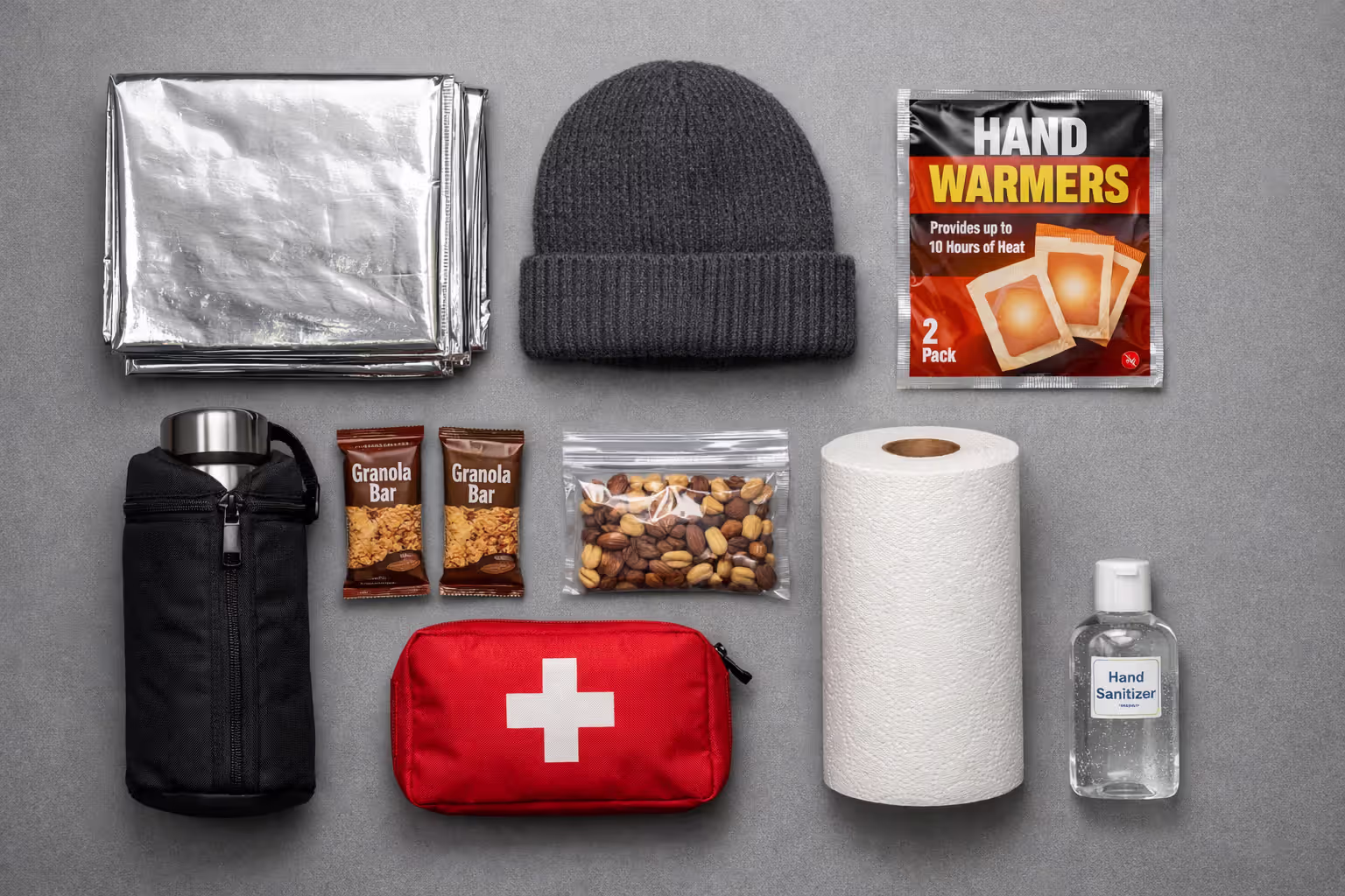 Flat lay of winter car survival kit including thermal blanket, knit hat, hand warmers, granola bars, insulated water bottle, and first aid kit