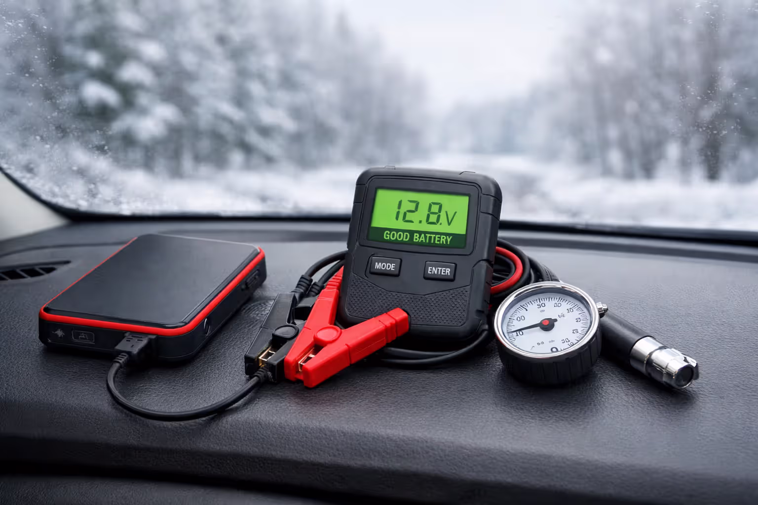 Portable lithium-ion jump starter charging a smartphone next to a digital battery tester and tire pressure gauge on a car dashboard in winter