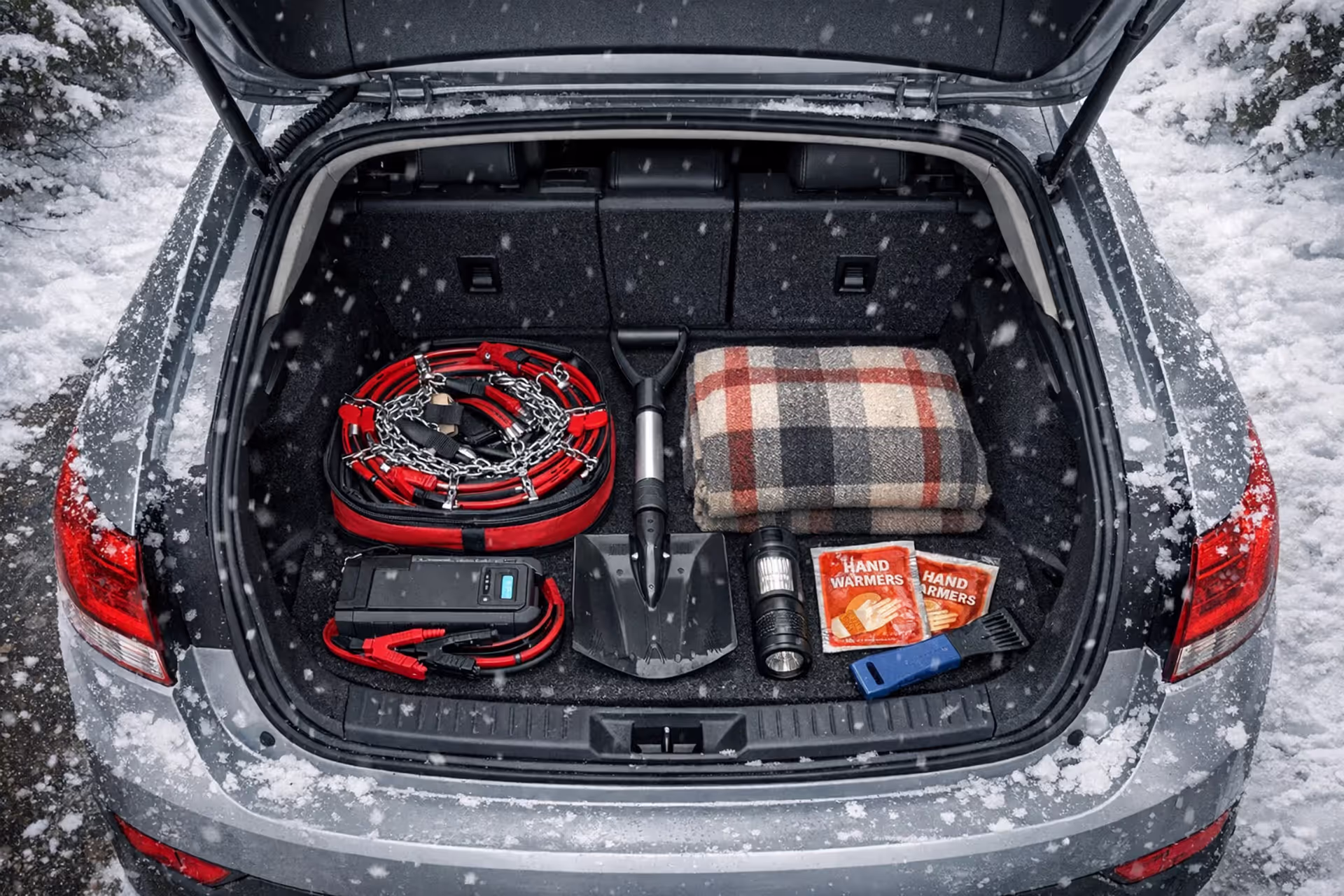Open car trunk packed with winter emergency supplies including tire chains, blanket, shovel, jump starter, and flashlight on a snowy roadside