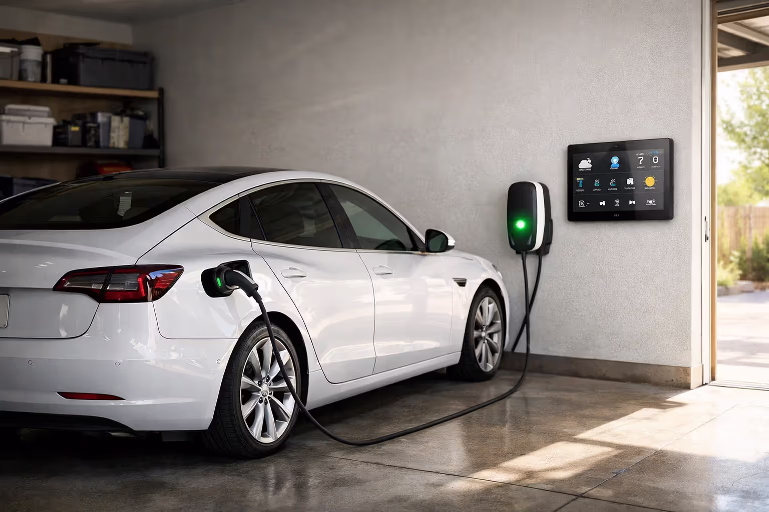 White electric vehicle charging from Level 2 home wallbox station in a shaded residential garage