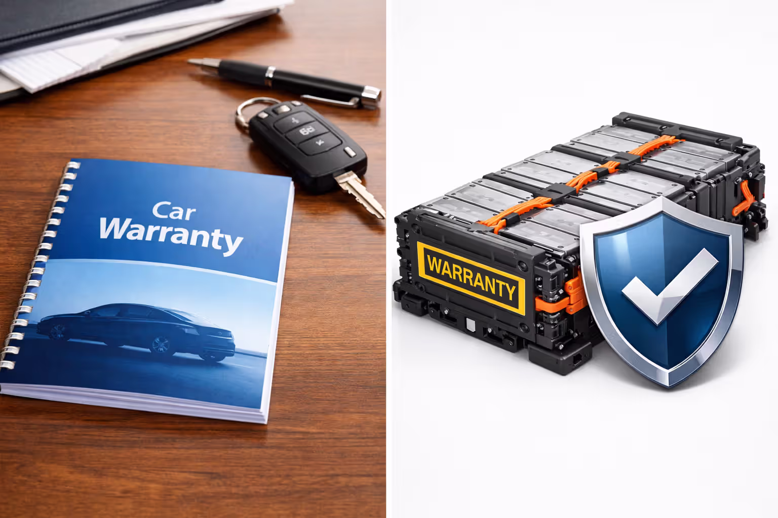 Split comparison showing a standard vehicle warranty booklet versus an EV battery pack with extended warranty protection symbol