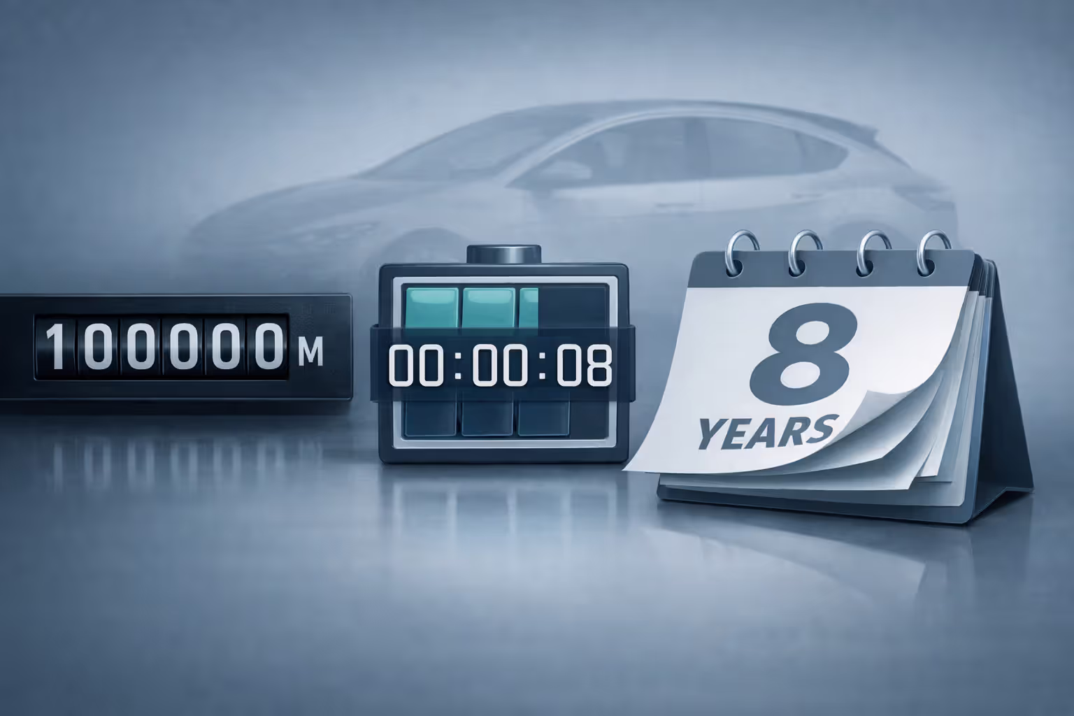 Conceptual image comparing odometer mileage and calendar years as two limits of an EV battery warranty duration