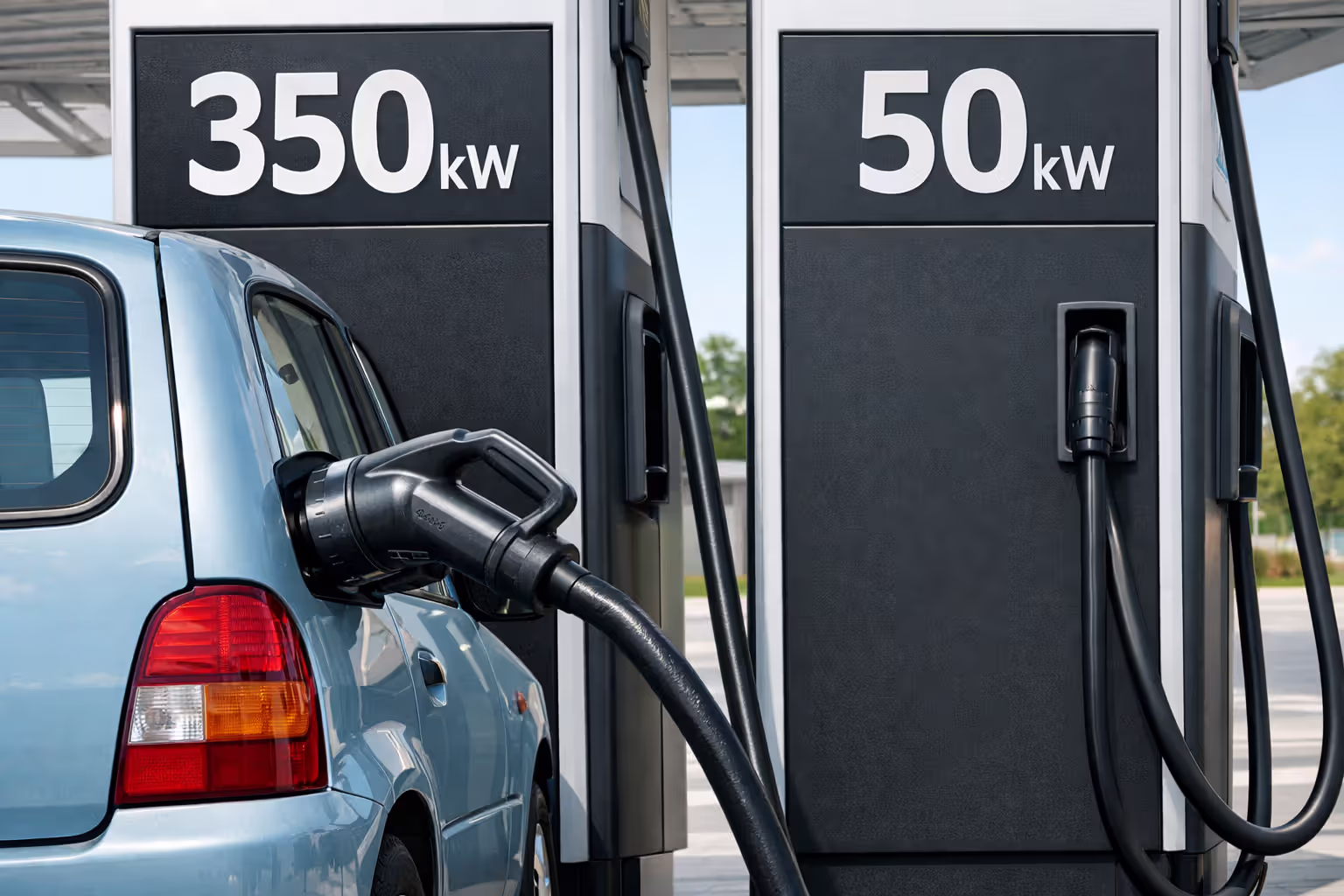 Small older EV plugged into a high-power 350kW DC fast charger while a lower-speed 50kW charger remains available nearby
