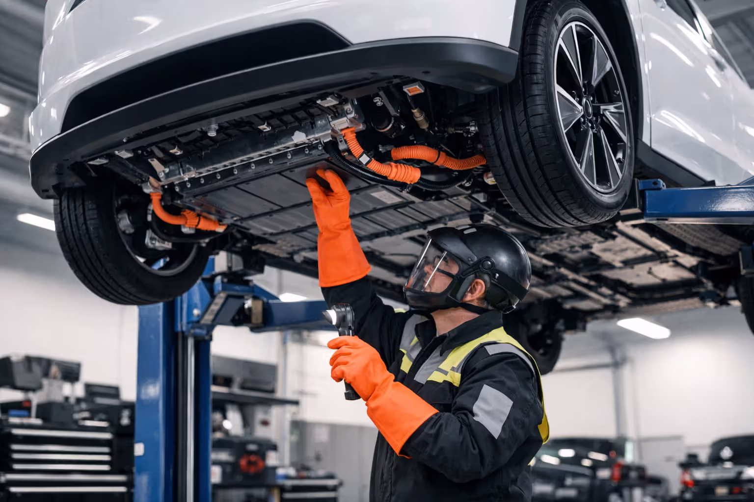 Certified technician in safety gear inspecting electric vehicle battery pack on hydraulic lift in specialized repair shop