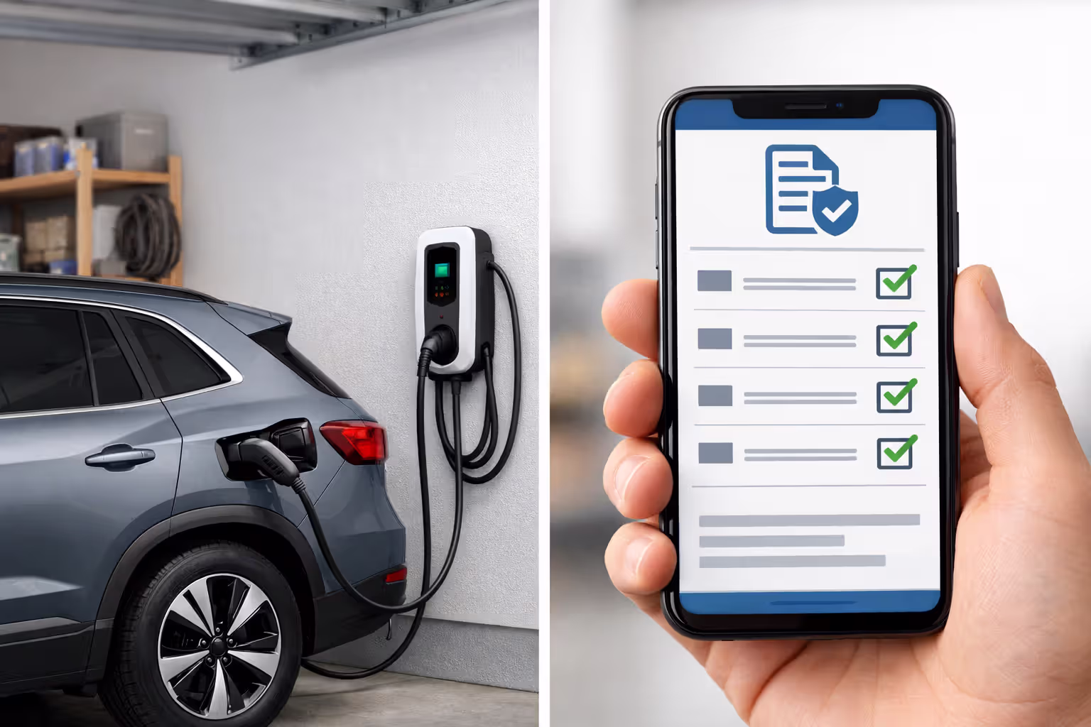 Split view showing home EV charging setup in garage and digital insurance policy on smartphone screen