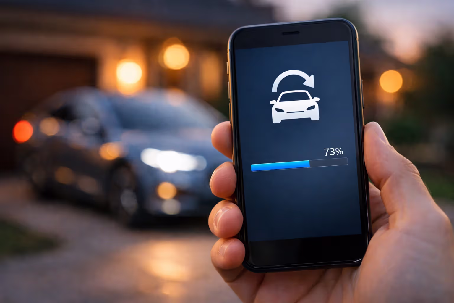 Person holding smartphone displaying over-the-air software update progress for an electric vehicle parked in a driveway