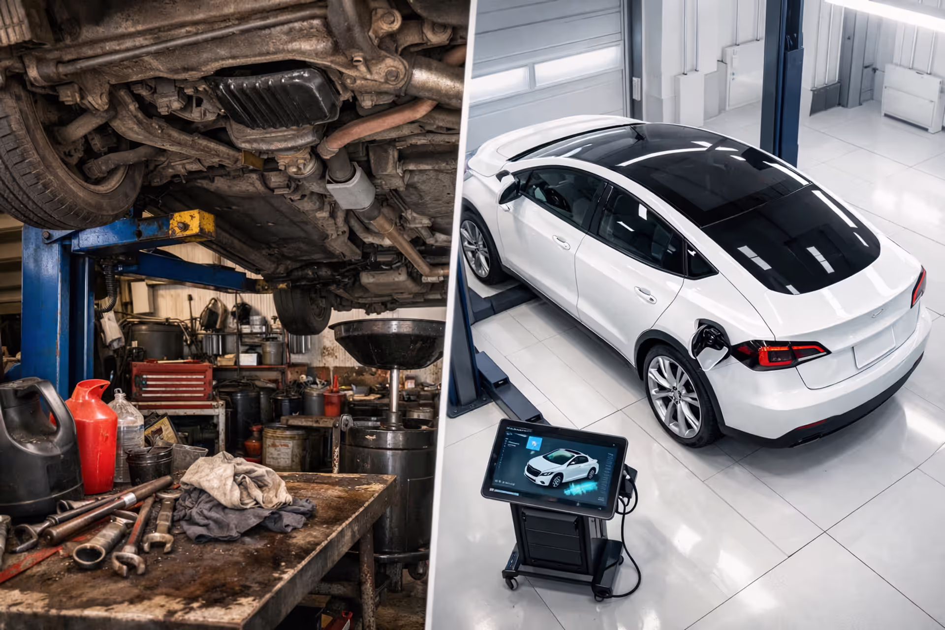 Split view comparing traditional gas car repair shop with cluttered tools and a clean modern EV service bay with digital diagnostics