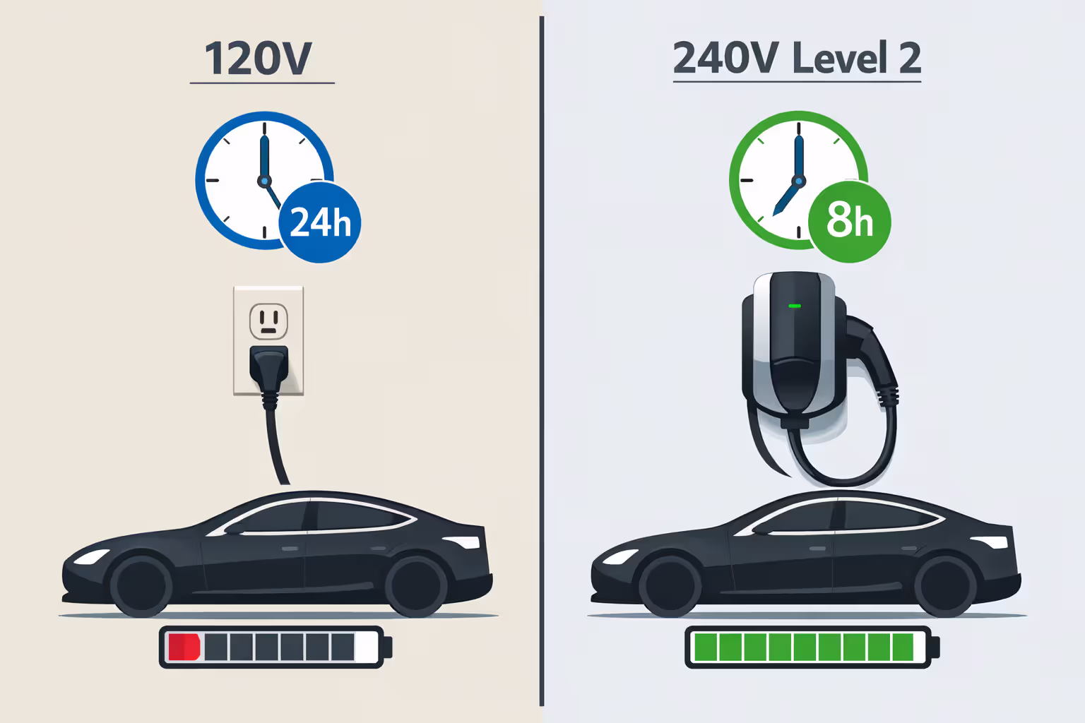 Side-by-side comparison of Level 1 versus Level 2 EV charging showing time difference and charge speed