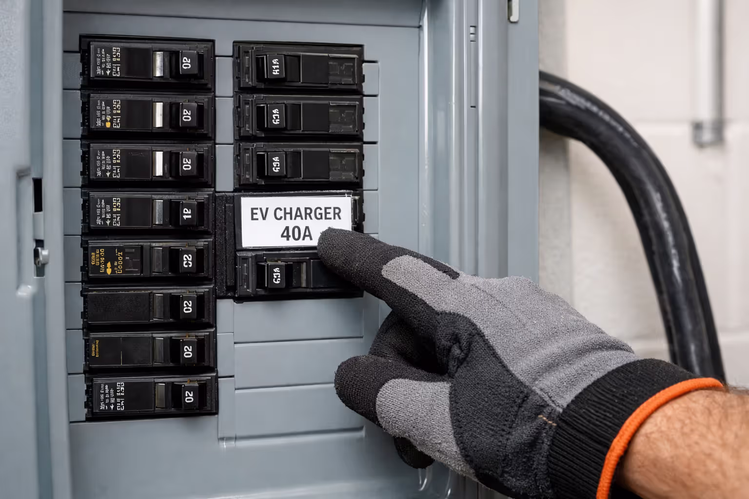 Open residential electrical panel showing a dedicated 40-amp circuit breaker for EV charger installation