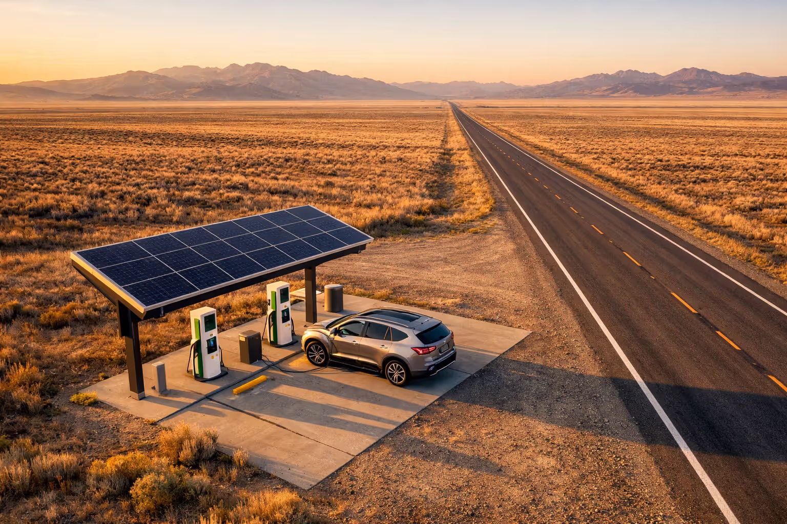 Electric SUV charging at isolated roadside station on long empty highway through Western US landscape