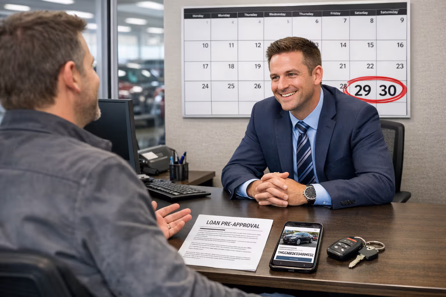 Confident car buyer with pre-approved financing documents sitting across from an eager salesperson in a dealership office with the last three days of the month circled on a wall calendar